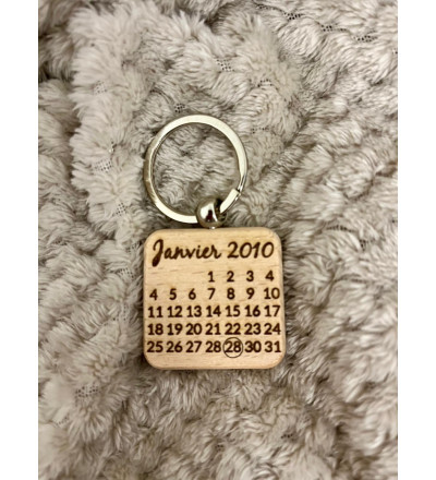 Porte-clé en bois "Calendrier date" - personnalisable - idée cadeau